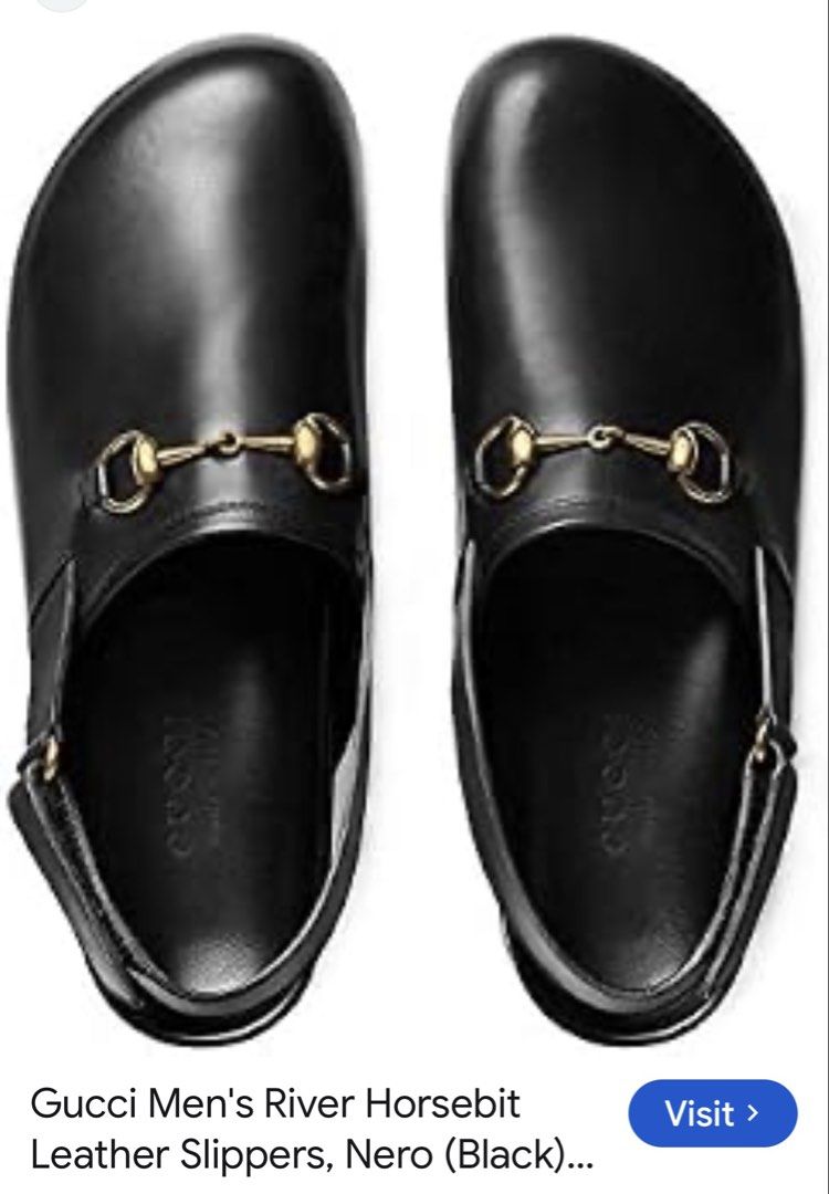 Gucci Mens River Horsebit Clogs (Category: Sneakers & Footwear) located in Quezon City. Submitted by arterg (Listing ID 1470935817, Image 1). Description: Store bought Gucci Store Amsterdam Airport 5 years ago Mens 9 Bought it €800 selling super low because i cut the straps and its well used. This specific closed-toe style blends classic equestrian design codes with everyday luxury lounge or business casual wear. Material: Premium black smooth ca