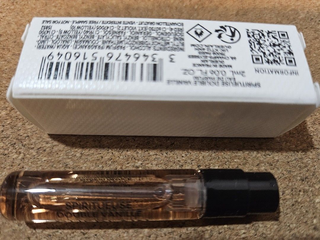 Guerlain Spiritueuse Double Vanille Eau de Parfum Sample (Category: Fragrance & Deodorants) located in Los Banos. Submitted by acleancloset (Listing ID 1471057915, Image 3). Description: - Guerlai Spiritueuse Double Vanille Eau de Parfum - Size: 2ml (0.06 fl oz) - Condition: Brand new, unused trial vial in original white retail box - Origin: Made in France.