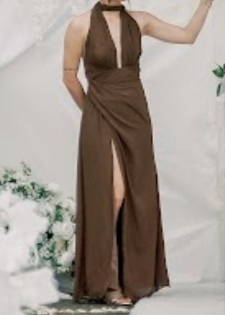 halter slit dress (Category: Evening dresses & gowns) located in Rizal. Submitted by sheshells.gem (Listing ID 1470943285, Image 1). Description: backless xs - s color: brown condition: worn once for a few hours (wedding) / properly stored like new best for formal events, dinners parties and pictorial.