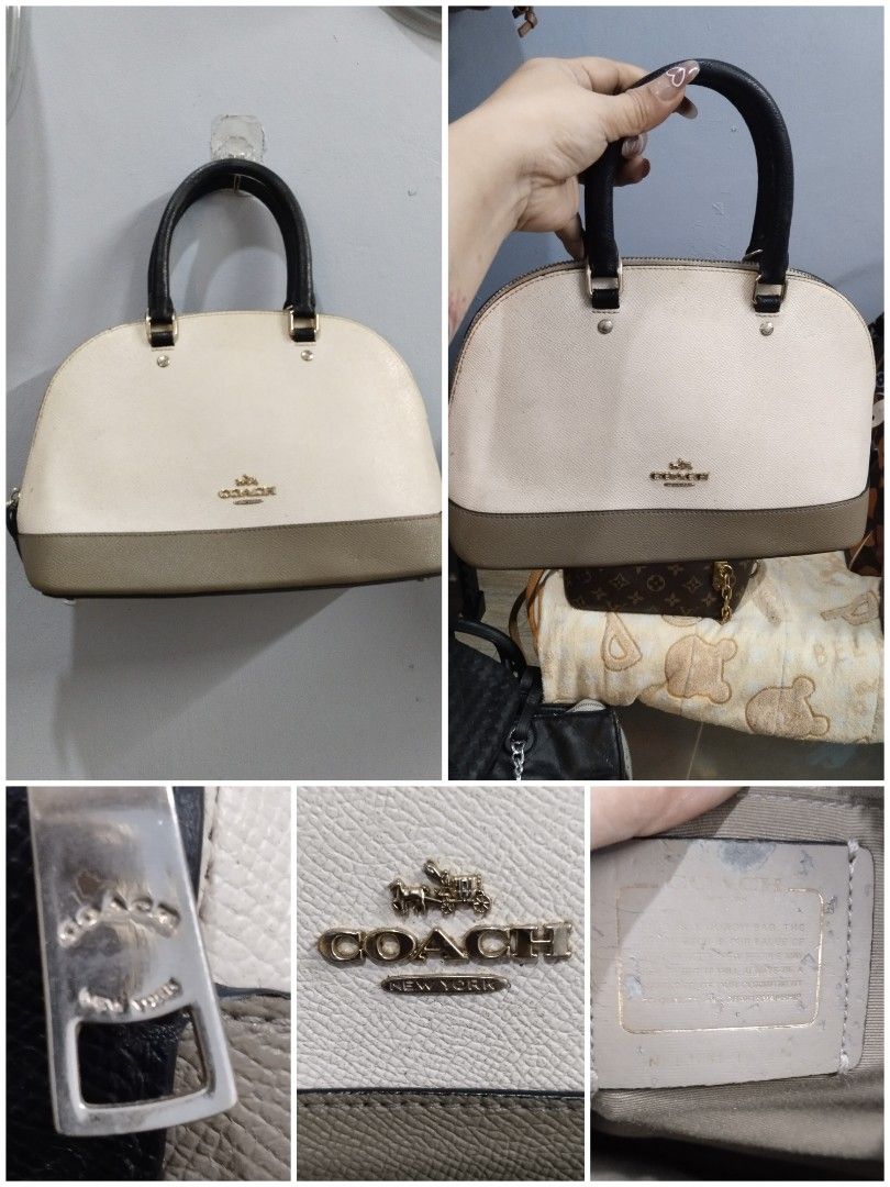 Hand / sling bag (Category: Cross-body Bags) located in Trece Martires City. Submitted by vherma (Listing ID 1470964964, Image 1). Description: two-tone domed satchel bag from Coach, resembling the Coach Mini Sierra Satchel or Cora Dome Satchel in a cream/white and grey-brown colorblock design with black top handles. ykk zip.