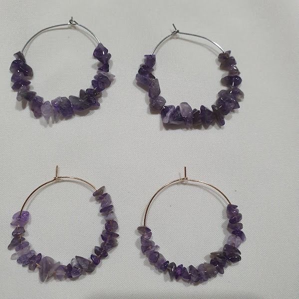Handmade Crystal Chip Hoop Earrings (Category: Earrings) located in Caloocan City. Submitted by mma_222 (Listing ID 1471061596, Image 3). Description: - Handmade hoop earrings with natural crystal chips - Php 100 per pair - Available in 3 stones: Clear Quartz, Amethyst, Green Aventurine and black - Lightweight and comfortable for daily wear - Trendy boho-style jewelry.