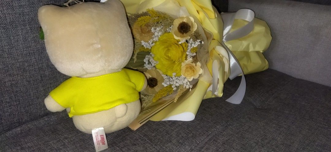 Hello Kitty plush toy (Category: Plushies & Soft Toys) located in Santa Cruz. Submitted by madonnaching (Listing ID 1470995864, Image 3). Description: - Authentic Kitty plush doll in a bright yellow sparkly tee with a cute floral accent.