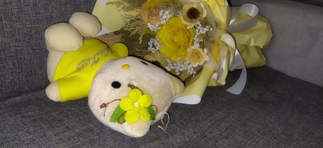 Hello Kitty plush toy (Category: Plushies & Soft Toys) located in Santa Cruz. Submitted by madonnaching (Listing ID 1470995864, Image 2). Description: - Authentic Kitty plush doll in a bright yellow sparkly tee with a cute floral accent.
