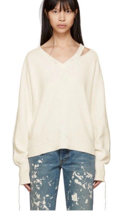 Helmut Lang - Ivory Distressed V-Neck Sweater (Category: Coats, Jackets and Outerwear) located in Manila. Submitted by shottas_21 (Listing ID 1471034159, Image 1). Description: Helmut Lang - Ivory Distressed V-Neck Sweater SIZE -Small CONDITION - 9/10 FLAW - Washable stain Long sleeve rib knit cotton wool and cashmere-blend sweater in ivory. Distressing throughout. Deconstructed V-neck collar. Extended thread detailing in black at sleeves. Tonal 