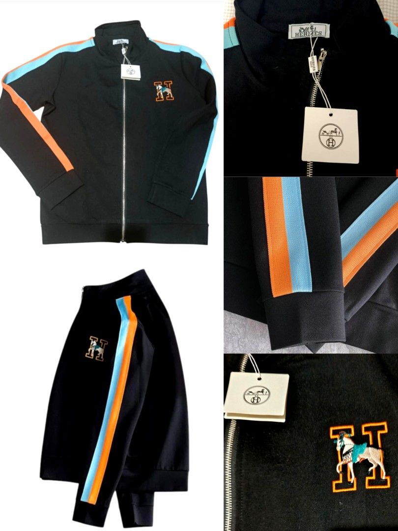 Hermes Black Tracksuit Set with Orange and Blue Stripes (Category: Luxury Apparel) located in Paranaque City. Submitted by calm_youngstore7 (Listing ID 1471009621, Image 2). Description: 50% OFF RETAIL! - Brand: Hermes - Item: Tracksuit set (Zip-up jacket & matching joggers) - Color: Black with striking blue and orange side stripes - Details: Embroidered 'H' logo with horse design on chest and thigh, tags still attached - Features: Full zip front