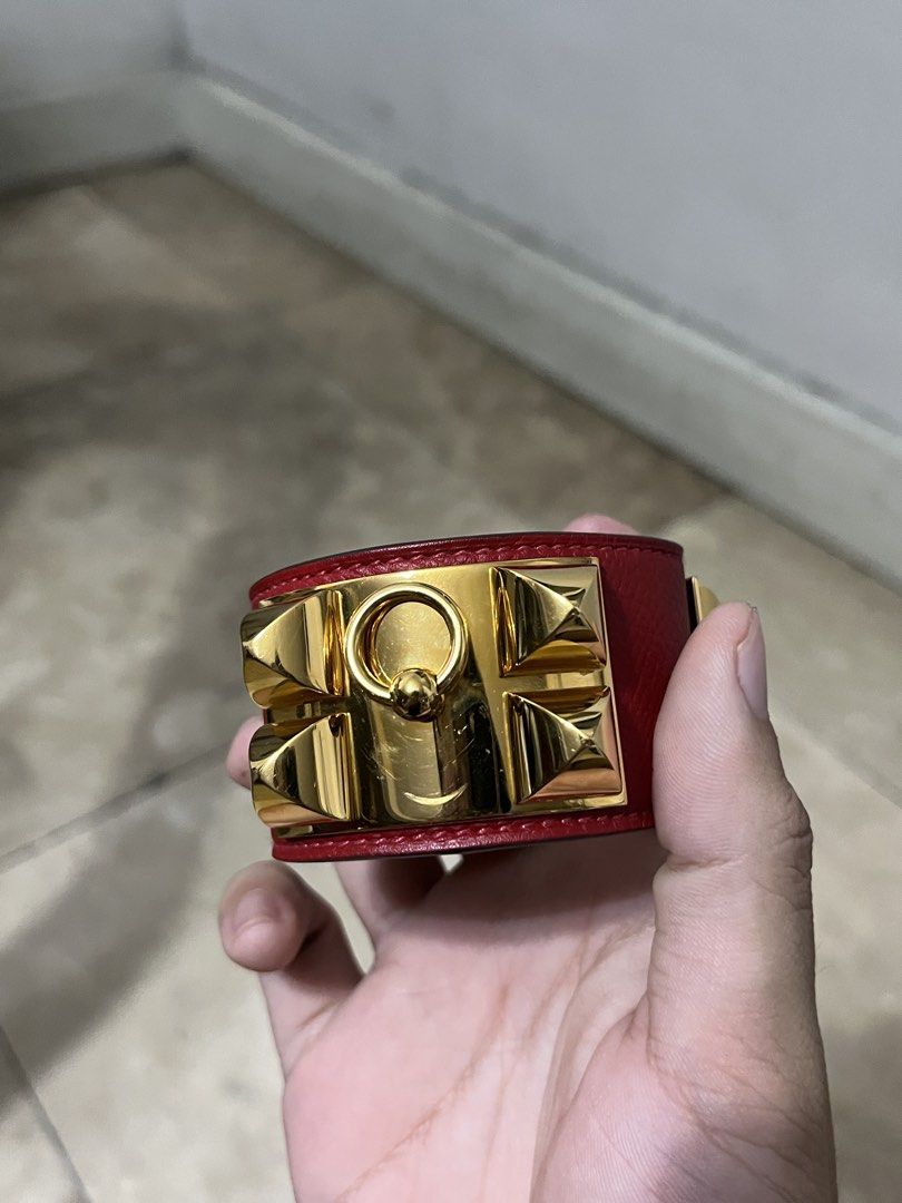 Hermes Collier de Chien Bracelet (Category: Luxury Accessories) located in Manila. Submitted by neloluu (Listing ID 1471061280, Image 2). Description: Authentic Hermes CDC bracelet - Red leather in Hardware Gold - A preloved item by my mom, includes original box and original dust bag - in very pristine condition, worn only once or twice - see photos to manage your expectations price is slightly negotiable could do jnt/lalamove 30k + sf location i