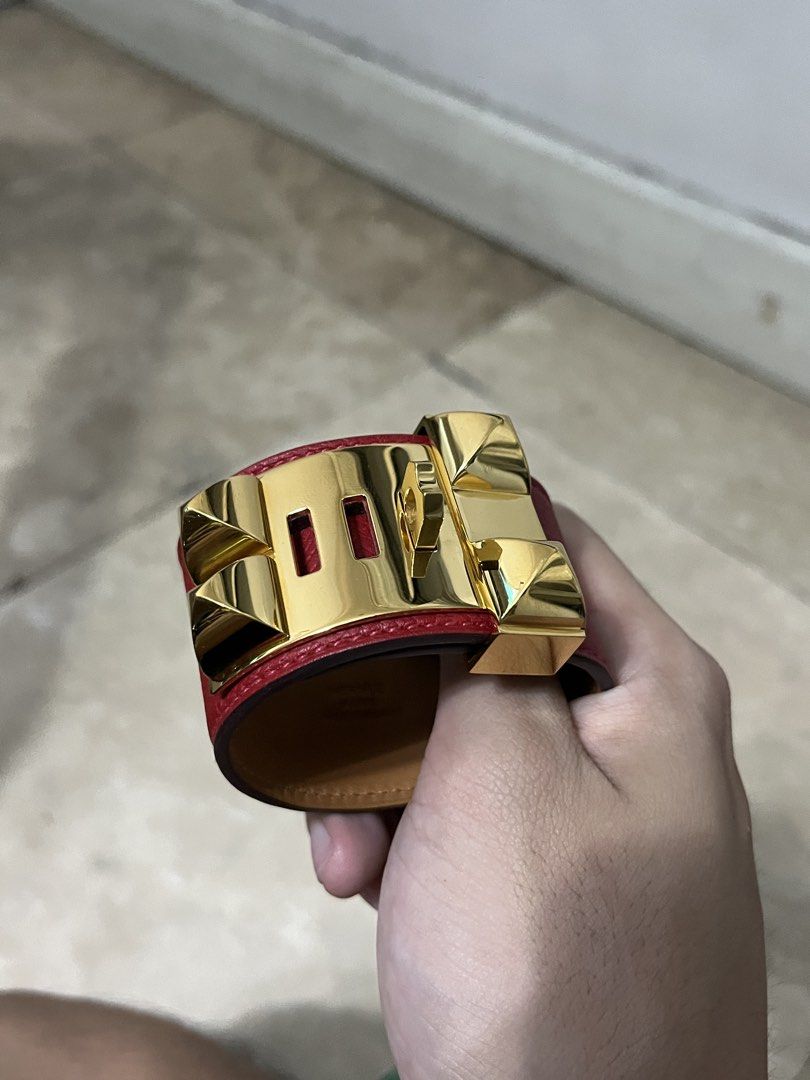 Hermes Collier de Chien Bracelet (Category: Luxury Accessories) located in Manila. Submitted by neloluu (Listing ID 1471061280, Image 3). Description: Authentic Hermes CDC bracelet - Red leather in Hardware Gold - A preloved item by my mom, includes original box and original dust bag - in very pristine condition, worn only once or twice - see photos to manage your expectations price is slightly negotiable could do jnt/lalamove 30k + sf location i