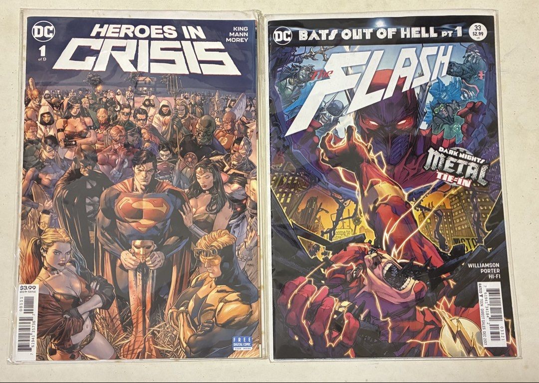 Heroes in Crisis #1 & The Flash #33 Bundle (Category: Comics & Manga) located in General Mariano Alvarez. Submitted by spiderwebs3 (Listing ID 1471077901, Image 1). Description: Comics Bundle - Heroes in Crisis #1 - The Flash #33 (Bats Out of Hell, Dark Nights Metal tie-in) - Both issues bagged and boarded in clear protective sleeves Fixed Price.