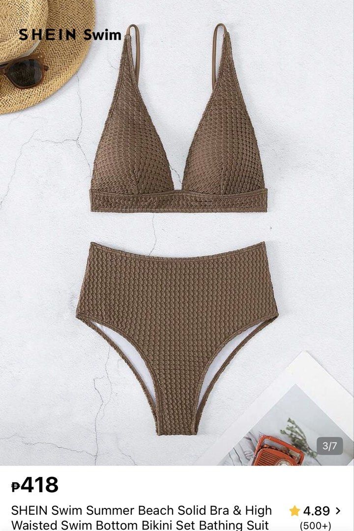 High waist Bikini Set (Category: Bikinis & Swimsuits) located in Makati City. Submitted by isha.v (Listing ID 1471057964, Image 1). Description: - Brand: SHEIN - Style: High waist bikini set with solid bra top and high-waisted bottoms - Color: Brown - Size: L (EU 40, UK 12, US 8) - Material/Texture: Textured crinkle fabric - Condition: Purchased but Never Used .