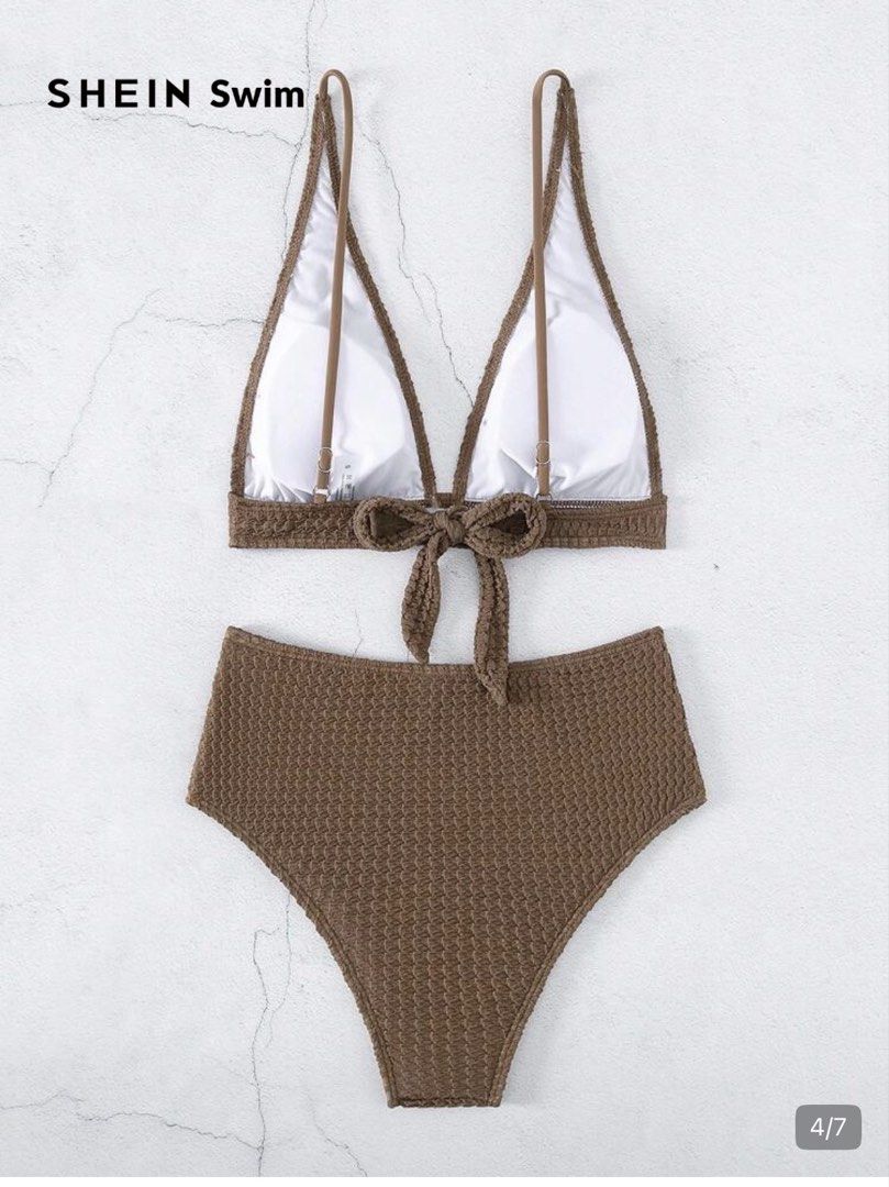 High waist Bikini Set (Category: Bikinis & Swimsuits) located in Makati City. Submitted by isha.v (Listing ID 1471057964, Image 2). Description: - Brand: SHEIN - Style: High waist bikini set with solid bra top and high-waisted bottoms - Color: Brown - Size: L (EU 40, UK 12, US 8) - Material/Texture: Textured crinkle fabric - Condition: Purchased but Never Used .