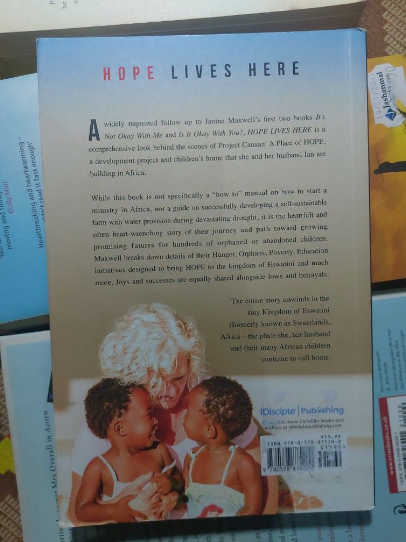 Hope Lives Here — Janine Maxwell (Category: Religion Books) located in Cainta. Submitted by giftshopbyyui (Listing ID 1470990006, Image 2). Description: - Title: Hope Lives Here ​ - Author: Janine Maxwell ​ - Genre: Non-Fiction • Memoir • Humanitarian • Inspirational ​ - Format: Paperback ​ - 📏 Size: approx. 15 cm × 23 cm ​ - 🌍 Origin: USA 🇺🇸 ​ - Language: English ​ - Publisher: Disciple Publishing ✨ Description The inspiring true story of Pr