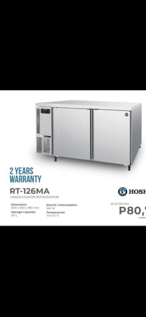 Hoshizaki Undercounter Refrigerator RT-126MA (Category: Refrigerators and Freezers) located in Caloocan City. Submitted by brightdolphin_bfc4c6 (Listing ID 1471014998, Image 1). Description: - Brand/Model: Hoshizaki RT-126MA - Type: Commercial undercounter refrigerator - Material: Heavy-duty stainless steel build - Doors: 2 doors - Capacity: 231 liters - Dimensions: 1200 x 600 x 850 mm - Temperature Range: -6°C to 12°C - Power Consumption: 240 wa