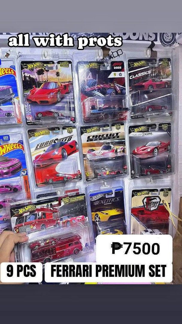 Hot Wheels Ferrari Premium Set 9 PCS (Category: Vehicle & Diecast Models) located in Quezon City. Submitted by huntwithnyx (Listing ID 1470958418, Image 1). Description: - Complete 9-piece Hot Wheels Ferrari premium collector set - Includes stunning red cars, high-performance race cars, classic models, and a transporter truck - All pieces come with individual protectors included - Kept in mint, display-ready packaging - Rare bundle pack, perfect 