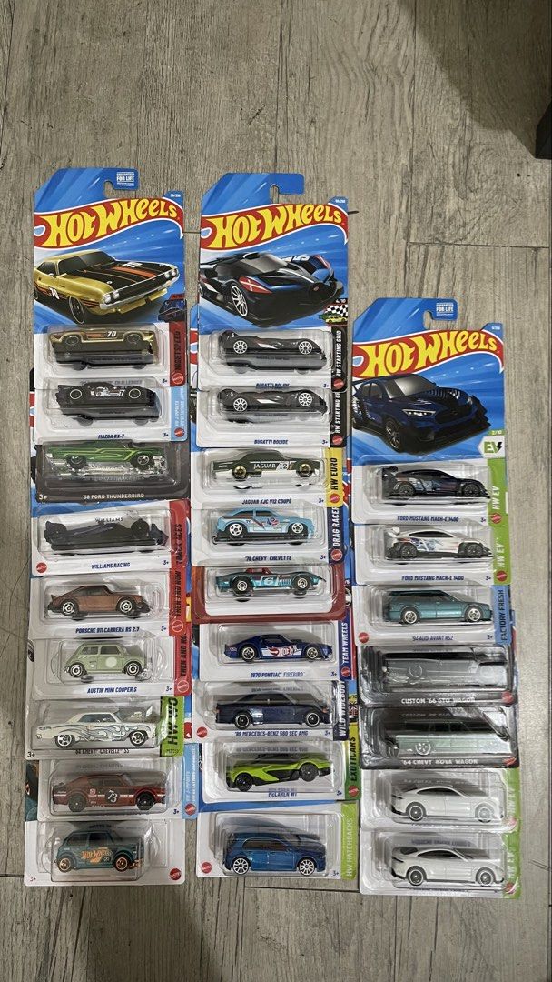 Hot wheels set (Category: Remote Control Toys) located in Las Pinas. Submitted by tinngonzaga (Listing ID 1470945199, Image 1). Description: 24 pcs 100 pesos each Take all only no break set Meet up around las piñas Ford mustang mach E 1400 (x2) 94 audi avant rs2 Hot wagons Custom 66 gto wagon Hot wagons 64 chevy nova wagon Porsche taycan turbo s (x2) Bugatti bolide (x2) Jaguar xjc v12 coupe 76 chevy chevette 1970 pontiac firebird 89 mercedes benz