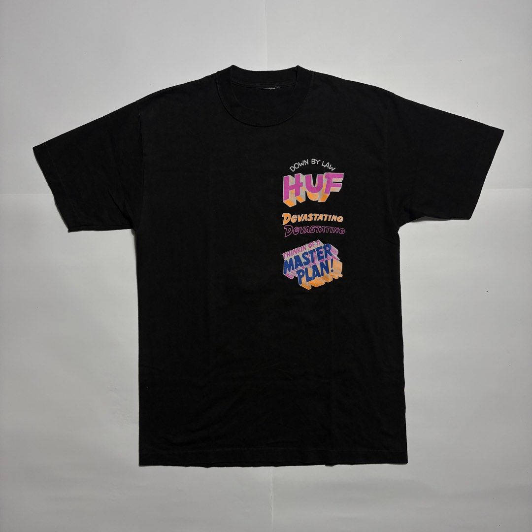 HUF Paid in Full Black Graphic Tee (Category: Tshirts & Polo Shirts ) located in San Fernando. Submitted by lumang_gamit (Listing ID 1471058929, Image 1). Description: - Brand: HUF - Color: Black - Condition: Clean, vibrant prints - Design: Front text graphics (Down By Law, Devastating, Thinkin of a Master Plan) and large back 'Paid In Full' 3D graphic - Fit/Style: Short sleeves, crew neck, comfortable streetwear basic.