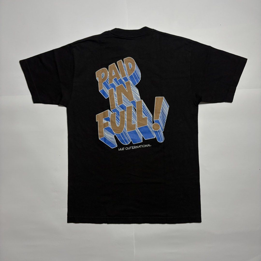 HUF Paid in Full Black Graphic Tee (Category: Tshirts & Polo Shirts ) located in San Fernando. Submitted by lumang_gamit (Listing ID 1471058929, Image 2). Description: - Brand: HUF - Color: Black - Condition: Clean, vibrant prints - Design: Front text graphics (Down By Law, Devastating, Thinkin of a Master Plan) and large back 'Paid In Full' 3D graphic - Fit/Style: Short sleeves, crew neck, comfortable streetwear basic.