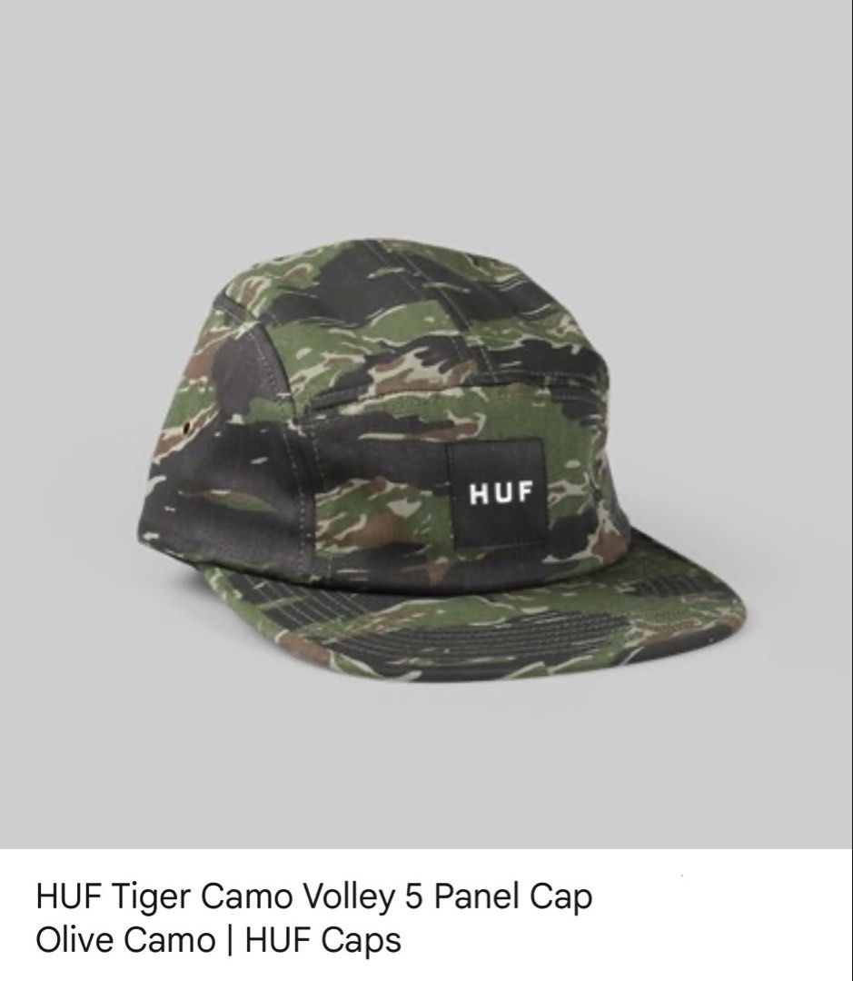 HUF Tiger Camo Volley 5 Panel Cap (Category: Caps & Hats) located in Cadiz. Submitted by jaybatiller (Listing ID 1471041394, Image 1). Description: - Brand: HUF - Style: 5-panel cap in olive tiger camo - Condition: Brand new, clean inside and out with interior tags attached - Material: 100% cotton - Features: Woven box logo patch on front, metal side eyelets, and adjustable black nylon strapback with plastic buckle.