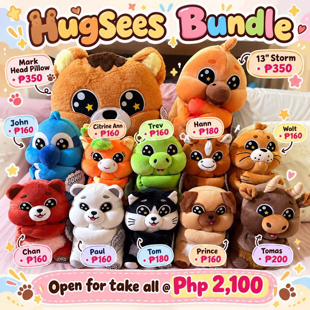 Hugsees Bundle (Category: Plushies & Soft Toys) located in Malolos. Submitted by mommy_toyang1628 (Listing ID 1471039224, Image 1). Description: For Sale ‼️ Mark Pillow- 350 Storm 13”- 350 Tomas 8”- 200 Tom 8”-180 (reserved) Hann 8”-180 Chan 8”- 160 Paul 8”-160 Trev 8”- 160 Walt 8”-160 Prince 8”-160 (SOLD)❌ Citrine 8”- 160 John 8”-160 TAKE ALL- 2,100 Condition: Brand New with Tag.