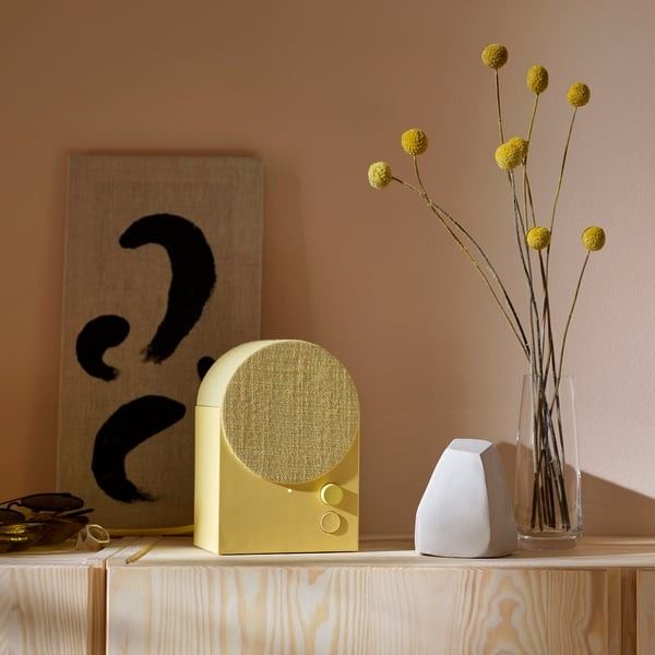 Ikea Nattbad bluetooth speaker (Yellow) (Category: Soundbars, Speakers & Amplifiers) located in Urdaneta. Submitted by prelovedandfound (Listing ID 1471003555, Image 3). Description: Good as new No flaws Superb sound In yellow. It features a minimalist, retro-inspired aesthetic with a fabric cover and a rounded top. Location: Urdaneta Pangasinan.
