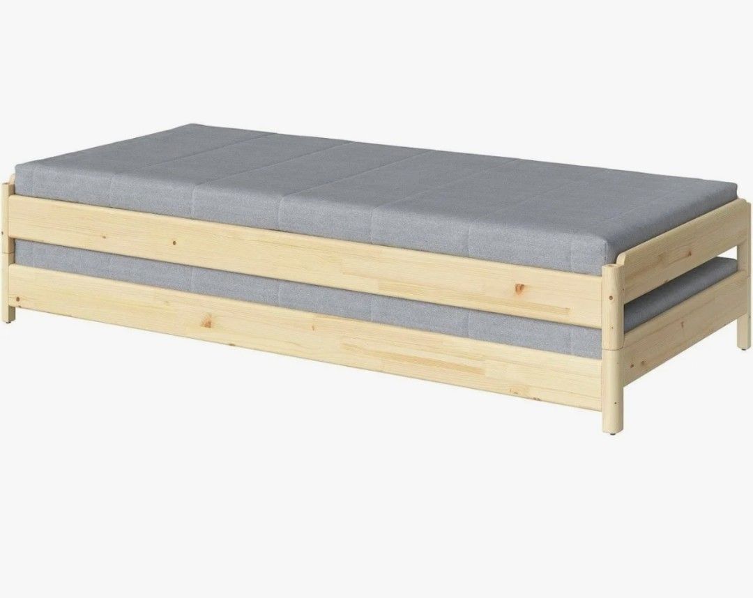 IKEA UTAKER Stackable Bed Pine Twin Single (Category: Bed Frames & Mattresses) located in Manila. Submitted by thebestre (Listing ID 1471074979, Image 1). Description: - Authentic IKEA stackable bed frame made of durable solid pine - Twin size, includes comfortable mattresses - Versatile design: pulls apart into two separate beds or stacks to save space - Natural wood grain finish with a clean, minimalist look - Fitted with solid wood slats for f