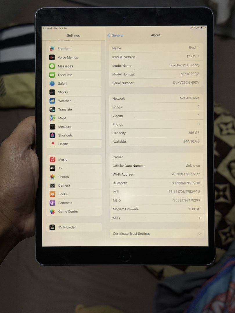 iPad Pro 10.5 inch 256gb Wifi + Cellular (Category: iPad) located in Manila. Submitted by christianj64110 (Listing ID 1471070455, Image 3). Description: For sale iPad Pro 10.5 inch 256gb Wifi + Cellular Good truetone Good finger print issue: dents see pic Unit & case only Makati/BGC + 500 other location.