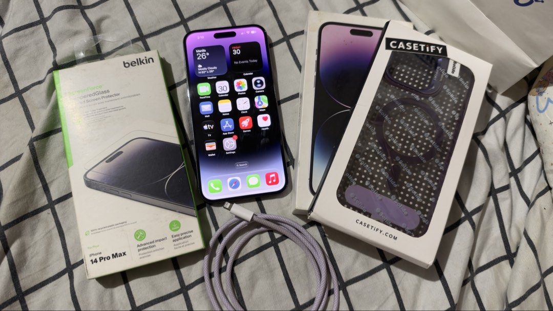 iPhone 14 pro max 256gb deep purple (Category: iPhone 14 Series) located in Manila. Submitted by chevella1 (Listing ID 1471099404, Image 1). Description: - Model: iPhone 14 Pro Max - Storage: 256GB - Color: Deep Purple - Condition: Excellent / Well-maintained, no dent, no scratches on the sides, hairlines on the screen that is not obvious, No sim restrictions - Inclusions: Original box, phone case, Belkin tempered glass screen protector, and repl