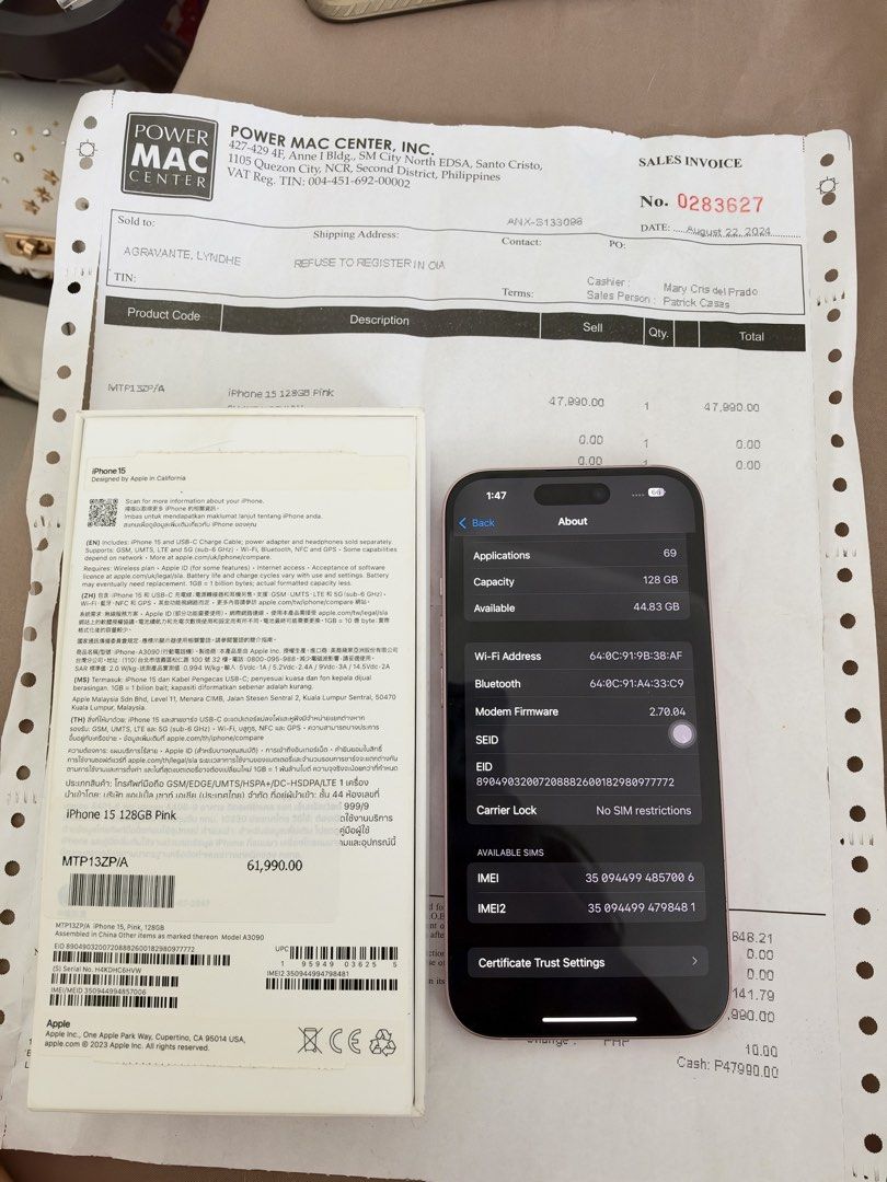 iPhone 15 128GB with paper&box (Category: iPhone 15 Series) located in Angeles City. Submitted by grand.rui7777 (Listing ID 1470969412, Image 2). Description: - Model: Apple iPhone 15 - Storage: 128GB - Color: Pink - Condition: Excellent, like new - Inclusion: Original box, paper bag, and Power Mac Center sales invoice (Dated August 2024) - Carrier Status: Factory Unlocked / No SIM restrictions - Meetup Location: D'Heights Resorts & Casino Clark,