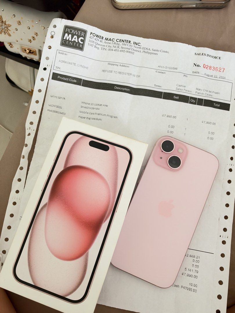 iPhone 15 128GB with paper&box (Category: iPhone 15 Series) located in Angeles City. Submitted by grand.rui7777 (Listing ID 1470969412, Image 1). Description: - Model: Apple iPhone 15 - Storage: 128GB - Color: Pink - Condition: Excellent, like new - Inclusion: Original box, paper bag, and Power Mac Center sales invoice (Dated August 2024) - Carrier Status: Factory Unlocked / No SIM restrictions - Meetup Location: D'Heights Resorts & Casino Clark,