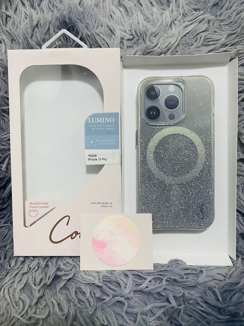 Iphone 15 Pro case (Category: Cases & Sleeves) located in Antipolo. Submitted by 3shaqd (Listing ID 1470996388, Image 1). Description: Brand: Coehl Model: Lumino Color: Sparkling Silver Unit: Iphone 15 Pro Comes in original packaging with reusable screen cleaner. 📍 Antipolo City 💰 Unionbank / GoTyme 🛵 Lalamove c/o buyer.