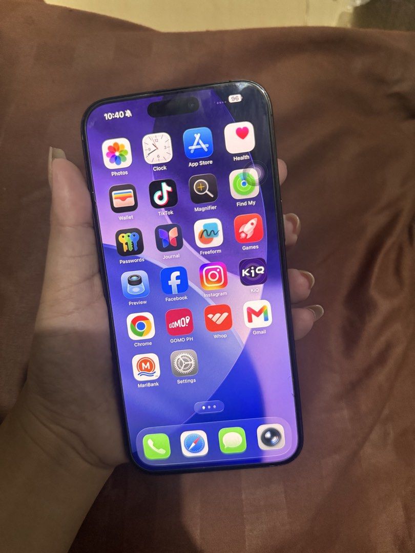 Iphone 15 pro max 256gb (Category: iPhone 15 Series) located in Manila. Submitted by goldenmaknaej (Listing ID 1471076159, Image 3). Description: Iphone 15 pro max 256gb Bypass - Bawal update and Reset Wifi or hotspot used Goods for extra phone Face id working Truetone working 88%battery napalitan pero galing unit original Napalitan ng display and camera galing original parts ng ibang iphone kaya working ung truetone and face id.