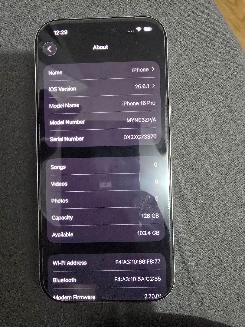 IPhone 16 Pro (Category: iPhone 16 Series) located in Manila. Submitted by goldenhorse_112874 (Listing ID 1471003666, Image 2). Description: for sale Only iPhone 16 Pro 128GB factory unlock White Titanium 87% batt health With Box Same imei at serial 99% smooth no issue never repair 36000.