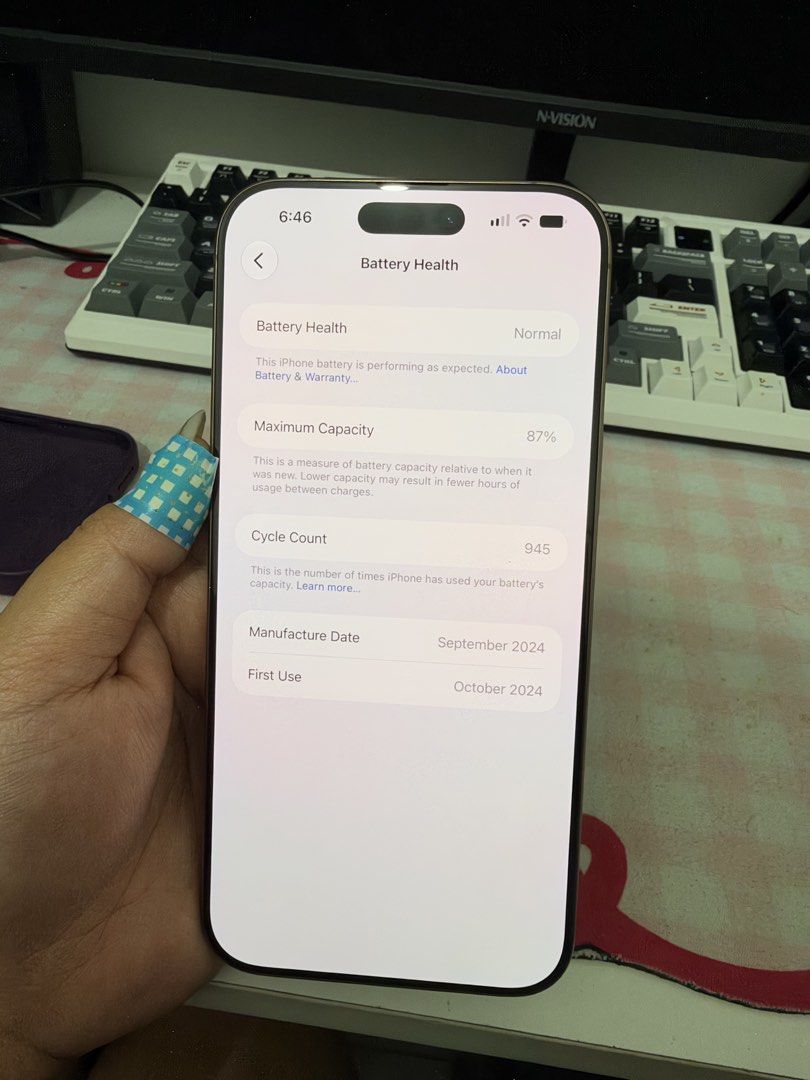 iPhone 16 Pro Max 256gb (Category: iPhone 16 Series) located in Manila. Submitted by camillely (Listing ID 1471038367, Image 3). Description: iPhone 16 Pro Max 256gb 87% Battery Health Color: Desert titanium Smart Locked (ongoing request for unlocking due to early renewal of plan) With minimal scratches due to cases and usage (unnoticeable) No hidden issue (test all you want) No history of repair Complete with box and cable Free cases (with origi