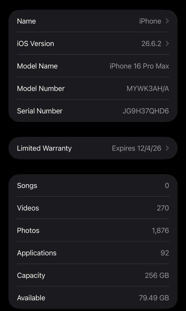 Iphone 16 pro max, 256gb (Category: iPhone 16 Series) located in Davao. Submitted by purple_stitch87 (Listing ID 1471058876, Image 3). Description: purchase on november 2025 with box no dents no issue.