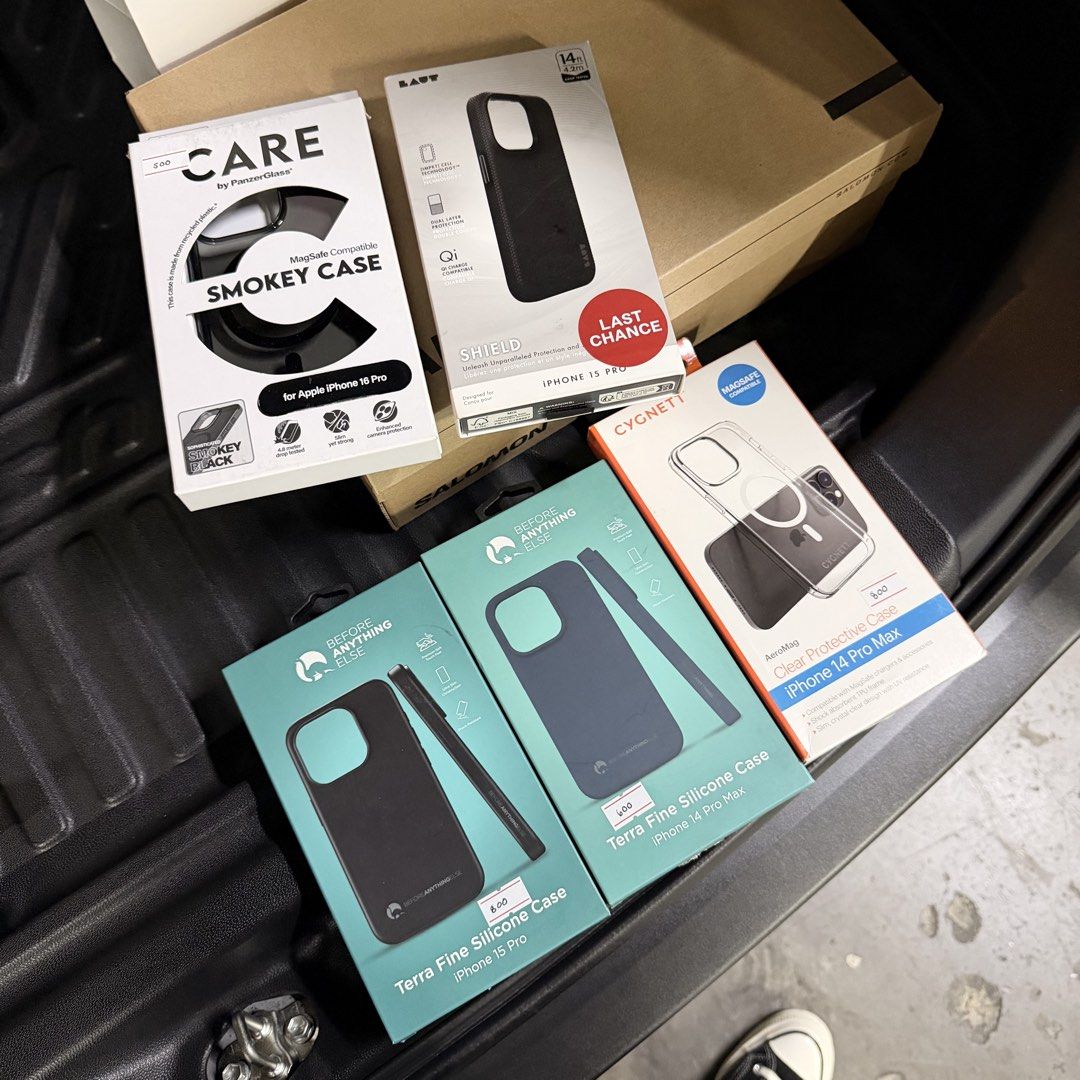 iPhone Cases & Accessories (Category: Cases & Sleeves) located in Makati City. Submitted by sunnybadoobee (Listing ID 1471043462, Image 1). Description: FOR SALE ONLY! iPhone Cases Cygnett Clear Magsafe for 14 Pro Max (₱800) Before Anything Else for 15 Pro (₱800 each) Laut for 15 Pro (₱800) Care by PanzerGlass for 16 Pro (₱500) Xkin tempered glass for 14 Pro Max (₱750 only).