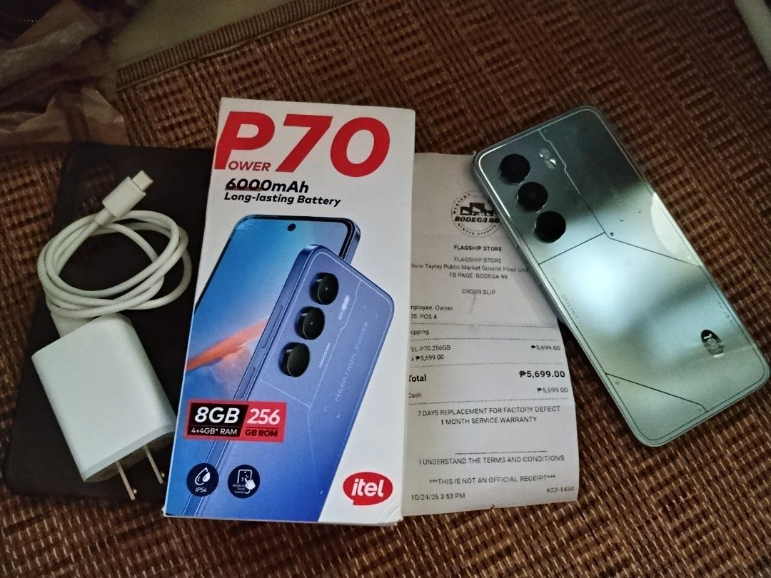 Itel P70 4/256gb (Category: Android Others) located in Rizal. Submitted by maye1997 (Listing ID 1471080492, Image 1). Description: - Brand/Model: Itel P70 - Storage: 4GB RAM + 256GB ROM - Battery: 6000mAh long-lasting battery - Color: Sleek silver-green - Condition: Excellent, like new (opened and tested only) - Inclusions: Complete set with original box, charger, cable, protective case, and store order slip/receipt - Meetup Location: SM Taytay.