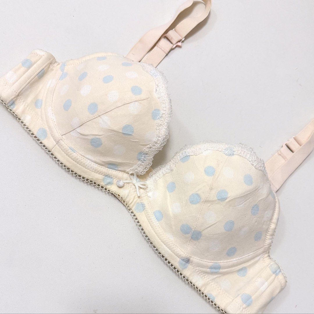 Ivory & Blue Polka Pattern Underwired Cotton Bra [36AB] (Category: Undergarments & Loungewear) located in Malabon City. Submitted by k_intimates (Listing ID 1471098613, Image 2). Description: Details: • Size 36AB / wired / lightly lined • No issues. Very minimal sign of wear. • Ivory underwired bra featuring a blue polka dot pattern and delicate lace trim along the top of the cups..