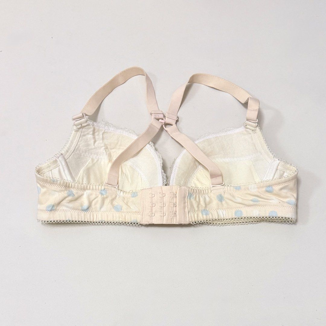 Ivory & Blue Polka Pattern Underwired Cotton Bra [36AB] (Category: Undergarments & Loungewear) located in Malabon City. Submitted by k_intimates (Listing ID 1471098613, Image 3). Description: Details: • Size 36AB / wired / lightly lined • No issues. Very minimal sign of wear. • Ivory underwired bra featuring a blue polka dot pattern and delicate lace trim along the top of the cups..