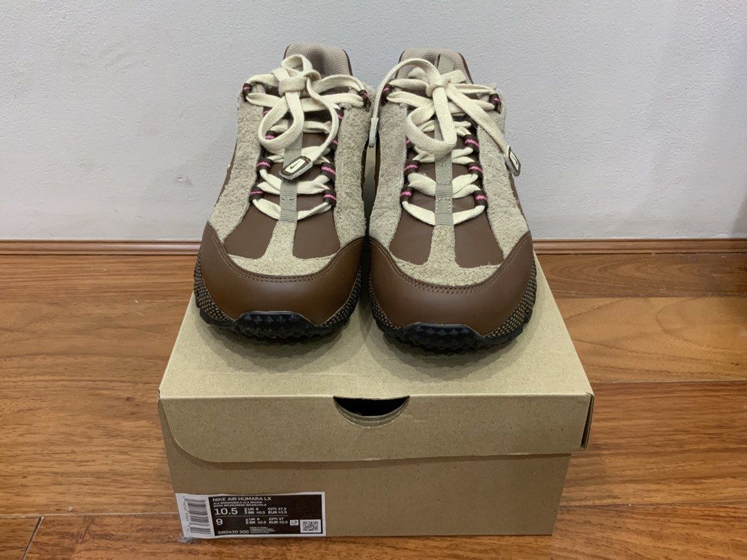 Jacquemus Nike Air Humara LX (Category: Sneakers) located in Mandaluyong City. Submitted by plaza.esquinita (Listing ID 1471090418, Image 2). Description: - Model: Jacquemus x Nike Air Humara LX - Colorway: Ale Brown and Gold with Pink accents - Materials: Premium leather and hairy suede overlays with a textured rubber sole - Size: Men's US 9 / Women's US 10.5 - Inclusions: Complete with original co-branded box - Condition: Brand new / pristine c