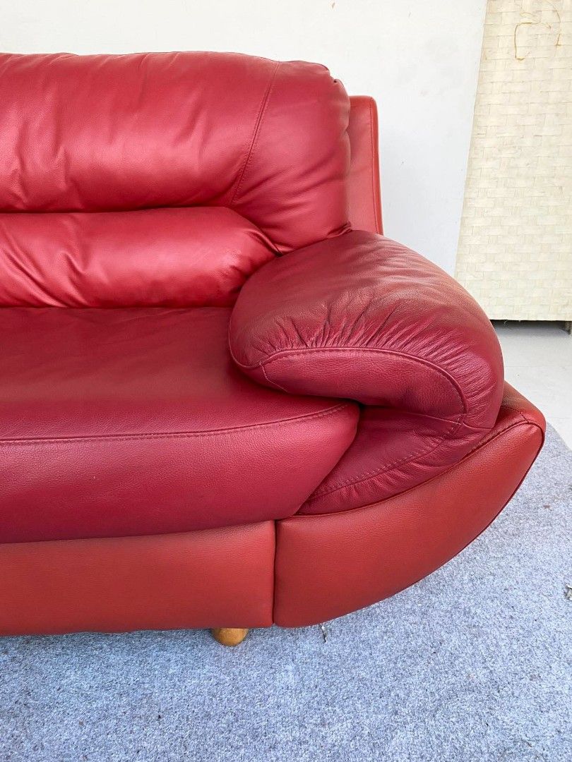 "JAPAN SURPLUS" 3-SEATER RED LEATHER SOFA (Category: Sofas) located in Manila. Submitted by adrian_ocean (Listing ID 1470937116, Image 3). Description: "JAPAN SURPLUS" 3-SEATER RED LEATHER SOFA SIZE: 73L" x 34W" x 15Sh" x 28H" inches (AS-IS ITEM) IN GOOD CONDITION.