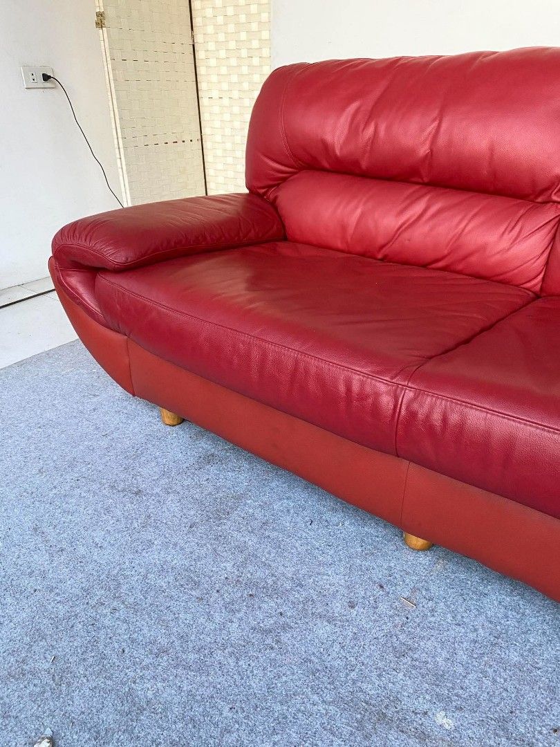 "JAPAN SURPLUS" 3-SEATER RED LEATHER SOFA (Category: Sofas) located in Manila. Submitted by adrian_ocean (Listing ID 1470937116, Image 2). Description: "JAPAN SURPLUS" 3-SEATER RED LEATHER SOFA SIZE: 73L" x 34W" x 15Sh" x 28H" inches (AS-IS ITEM) IN GOOD CONDITION.