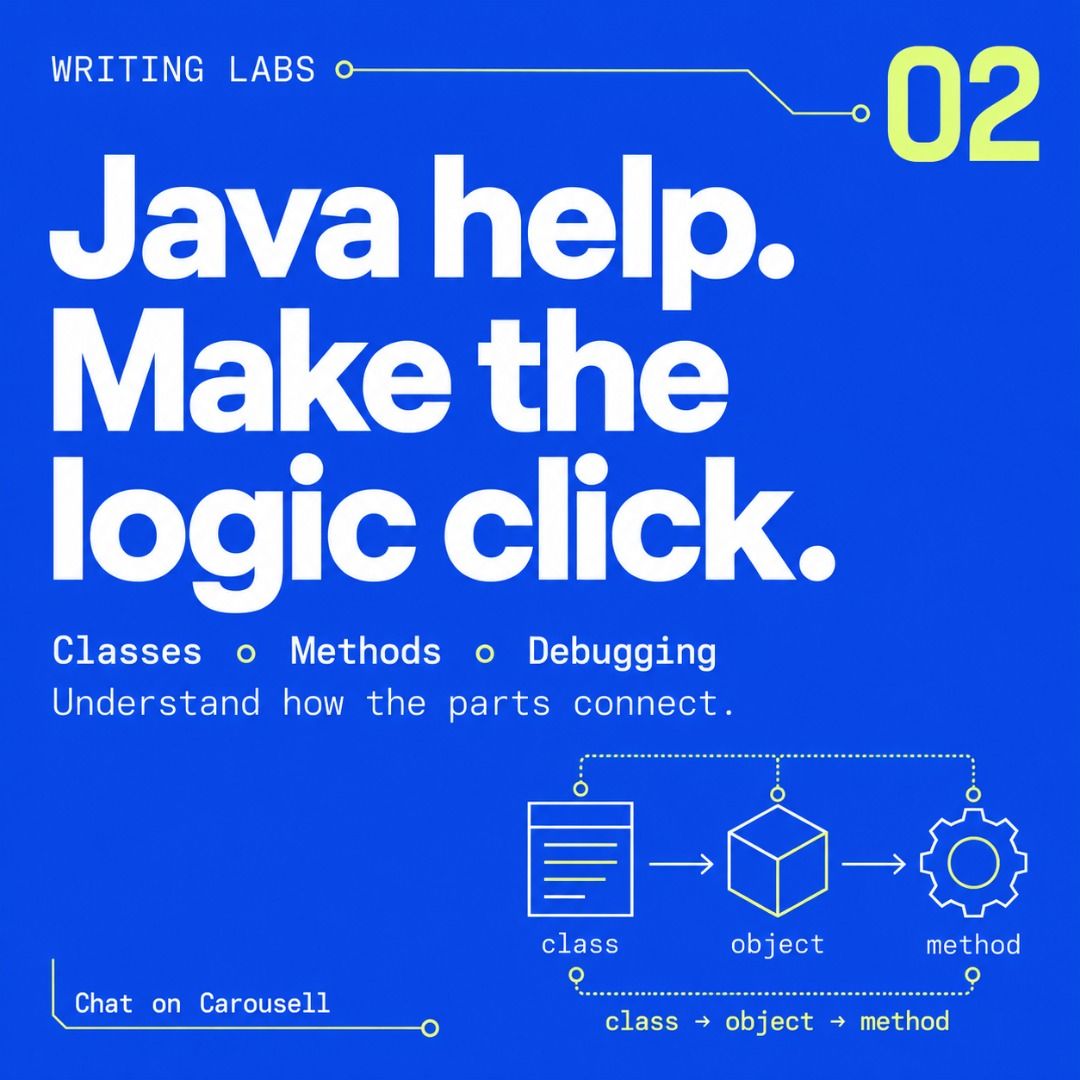 Java Programming Help | Classes, Methods, Debugging & Code Review (Category: Professional Skills) located in Singapore. Submitted by writing.labs (Listing ID 1471048312, Image 1). Description: Your Java code runs, but the result still does not make sense? Writing Labs helps you understand the flow, trace the problem and work through the next step. Focused Java support includes: • Classes, objects and how they connect • Methods, parameters and ret