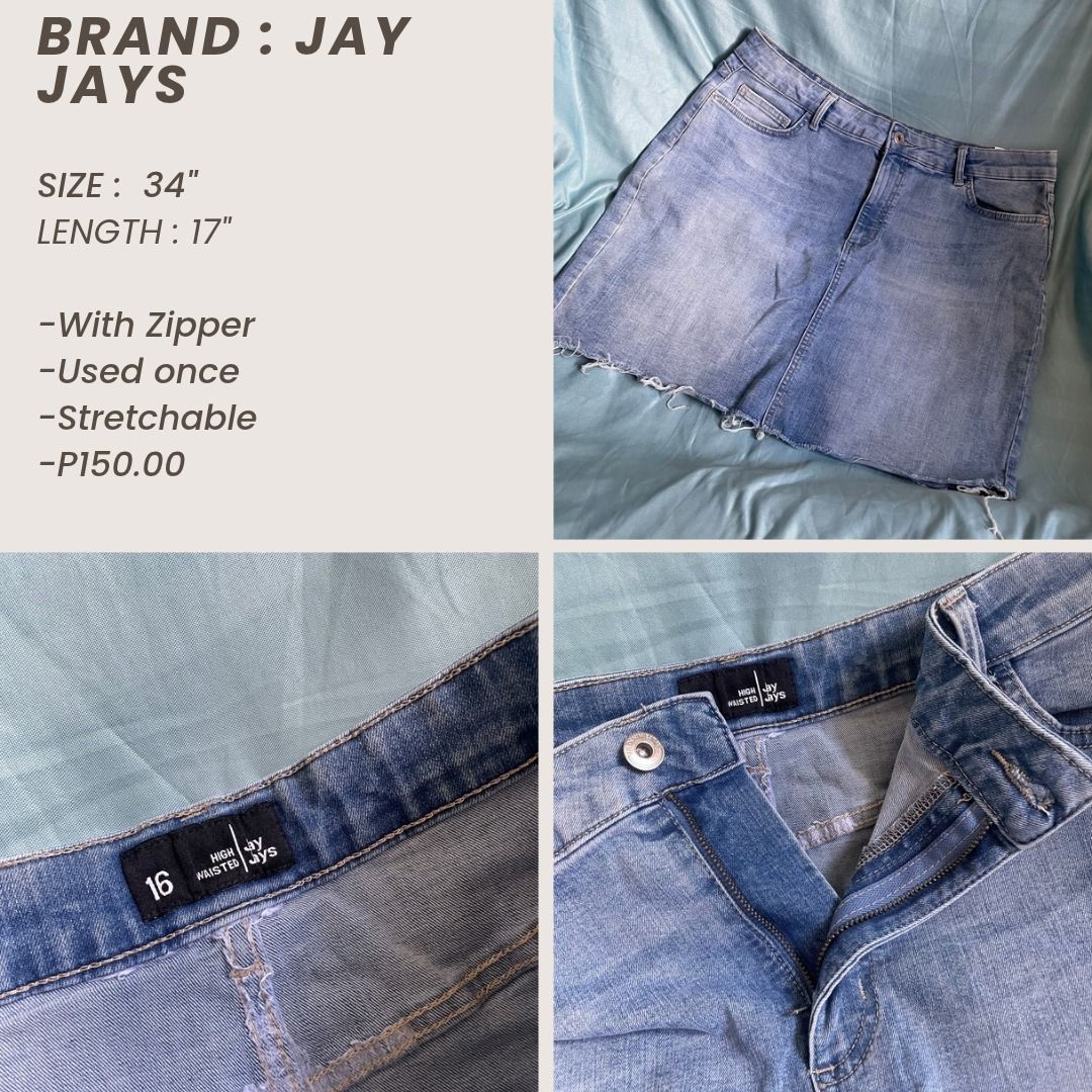 Jay Jays Denim Skirt Size 34 (Category: Skirts) located in Guiguinto. Submitted by plumpypeachyyy (Listing ID 1470948681, Image 1). Description: - Brand: Jay Jays - Color/Wash: Light blue denim - Size: 34 waist - Length: 17 inches - Material: Stretchable denim for extra comfort - Details: Zip fly with button closure, trendy raw frayed hem - Condition: Worn only once, practically brand new.