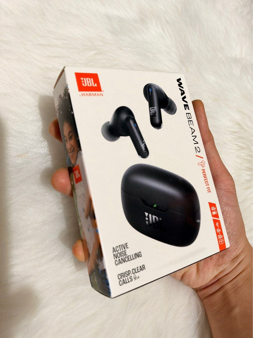 JBL Wave Beam 2 True Wireless Earbuds Black (Category: Earphones) located in Tiaong. Submitted by beautybyrosie (Listing ID 1471057140, Image 1). Description: - Brand new and sealed in original retail packaging - Active Noise Cancelling (ANC) & Smart Ambient technology - Crystal clear calls with 4 built-in microphones - Up to 40 hours of total battery life with charging case - IP54 water and dust resistant for daily durability - Fast Pair compati