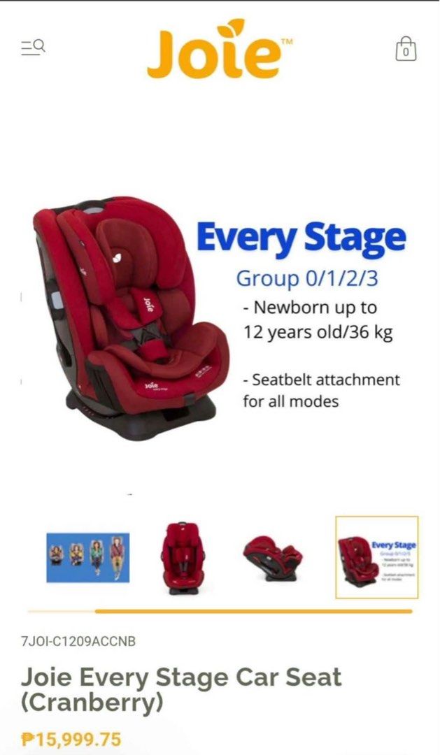 Joie Every Stage Car Seat Cranberry (Category: Car Seats) located in Manila. Submitted by scarletsabina (Listing ID 1471012639, Image 1). Description: - Model: Joie Every Stage Car Seat - Color: Cranberry Red with solid black plastic base - Age Range: Group 0+/1/2/3 (Newborn up to 12 years / 36 kg) - Installation: Uses vehicle seatbelt across all modes - Features: Adjustable headrest and harness system, handy side storage pockets - Condition: Cle