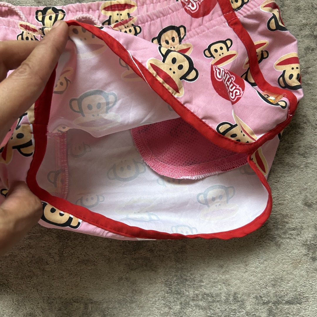 Julius & Friends paul frank y2k mcbling Pink Monkey Pattern micro Shorts (Category: Shorts) located in Davao. Submitted by read_my_abouts (Listing ID 1471042503, Image 3). Description: waist: 27-30 length: 9 inches - Brand: Paul Frank (Julius monkey graphics) - Color: Pink with red piping - Size: Small (S) - Features: Side pockets, elastic waistband with adjustable drawstring, and built-in interior mesh lining - Condition: Excellent, ready to wea