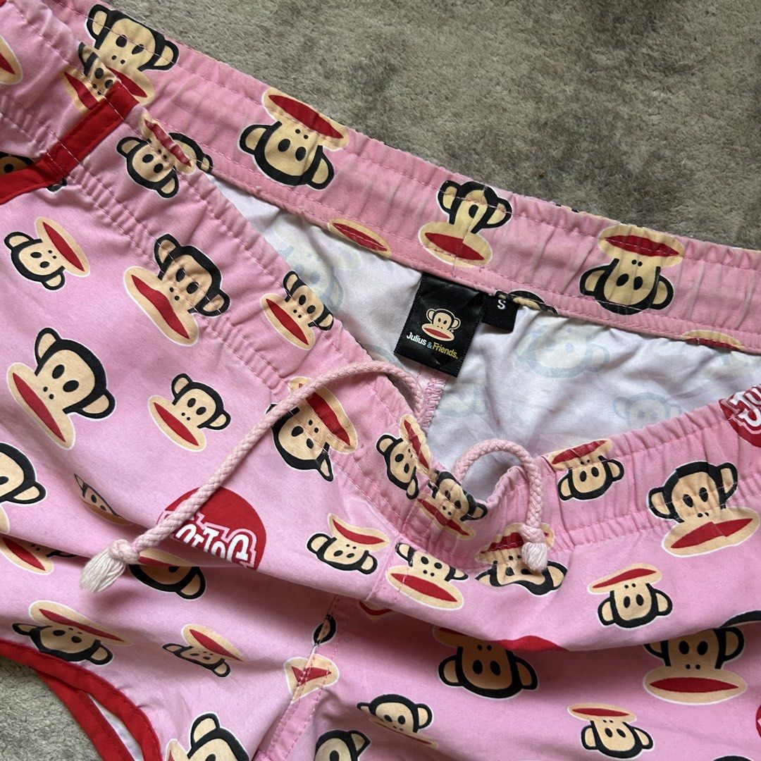 Julius & Friends paul frank y2k mcbling Pink Monkey Pattern micro Shorts (Category: Shorts) located in Davao. Submitted by read_my_abouts (Listing ID 1471042503, Image 2). Description: waist: 27-30 length: 9 inches - Brand: Paul Frank (Julius monkey graphics) - Color: Pink with red piping - Size: Small (S) - Features: Side pockets, elastic waistband with adjustable drawstring, and built-in interior mesh lining - Condition: Excellent, ready to wea