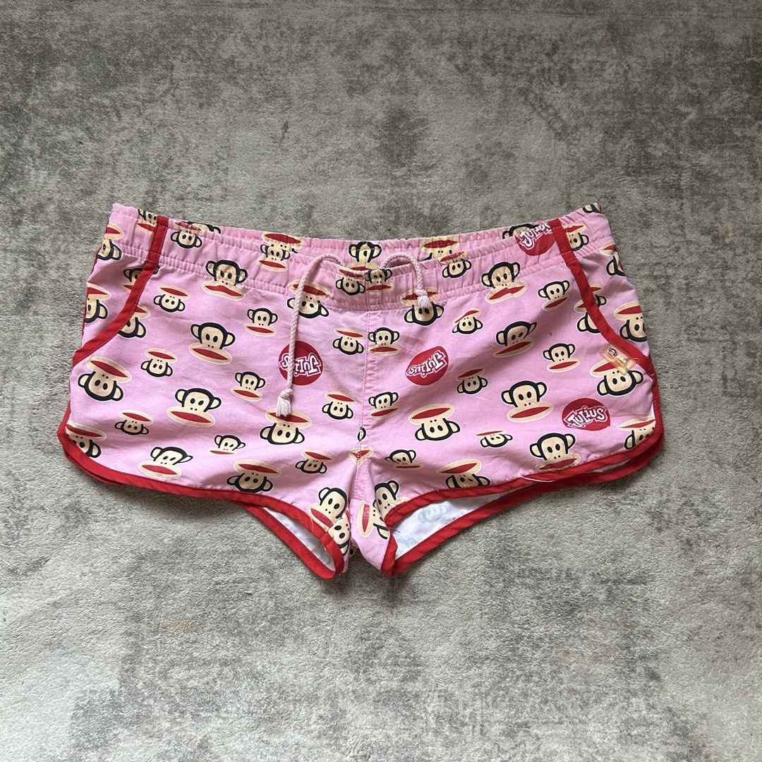 Julius & Friends paul frank y2k mcbling Pink Monkey Pattern micro Shorts (Category: Shorts) located in Davao. Submitted by read_my_abouts (Listing ID 1471042503, Image 1). Description: waist: 27-30 length: 9 inches - Brand: Paul Frank (Julius monkey graphics) - Color: Pink with red piping - Size: Small (S) - Features: Side pockets, elastic waistband with adjustable drawstring, and built-in interior mesh lining - Condition: Excellent, ready to wea