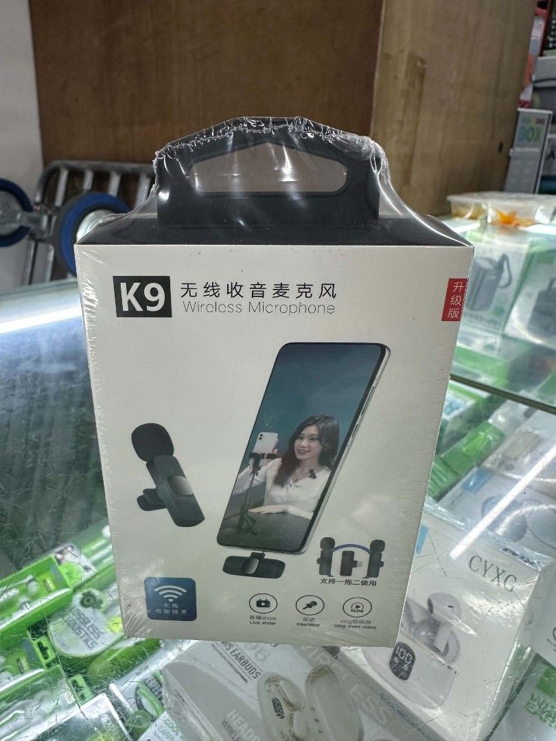 K9 Wireless Microphone for Smartphone Vlogging and Interviews (Category: Microphones) located in Manila. Submitted by ericklee23 (Listing ID 1471016830, Image 1). Description: - Brand new and still sealed in original plastic wrap - Ideal for live streaming, interviews, and making short videos - Compatible with mobile phones (Plug and Play) - Compact and lightweight clip-on microphone design - Hassle-free wireless audio for better content quality.