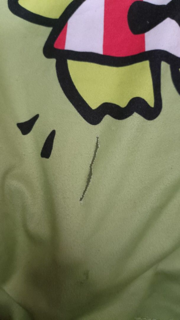Keroppi sanrio shirt (Category: Shirts) located in Manila. Submitted by vastfish.e9bc58 (Listing ID 1470957815, Image 2). Description: open slit under Keroppi's foot. paint stains on left sleeve.