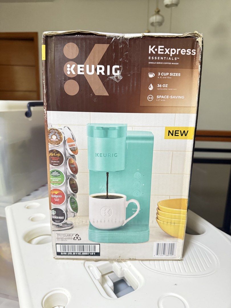 Keurig K-Express Essentials Single Serve Coffee Maker (Category: Coffee Machines & Makers) located in Mabalacat. Submitted by mykachika (Listing ID 1471089897, Image 3). Description: - Brand new in original box - Sealed - RFS: Bought Nespresso - Gorgeous Tropical Blue color - Compact 6.5-inch width, perfect for small kitchens, dorms, or offices - Brews 3 convenient cup sizes: 6, 8, and 10 oz - 36-ounce removable water reservoir for effortless ref